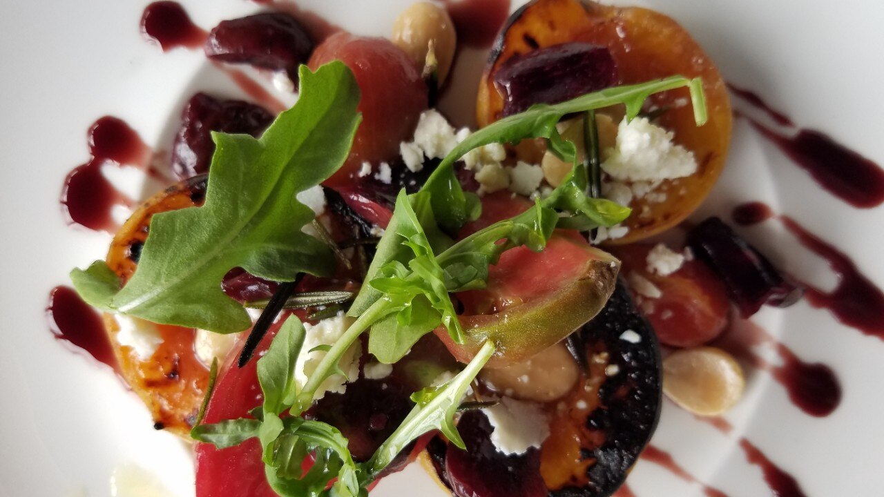 Shawn Ward’s take on a locally sourced salad, including slow-roasted peaches from his back garden.